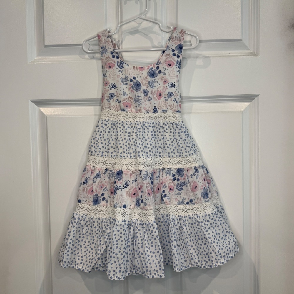 Tommy Bahama Girls Floral Polka Dot Tiered Lace Trim Sundress Size 4T